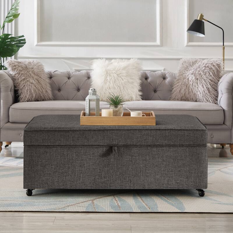 45" Sofa Ottoman with Storage, Linen Upholstered Bench with Rotation Casters and Safety Hinge for Living Room