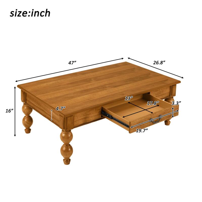Solid Wood Table Sets of 3 with Coffee Table and 2 End Tables, Vintage Tables with Storage Drawers and Unique Gourd-Shaped Legs