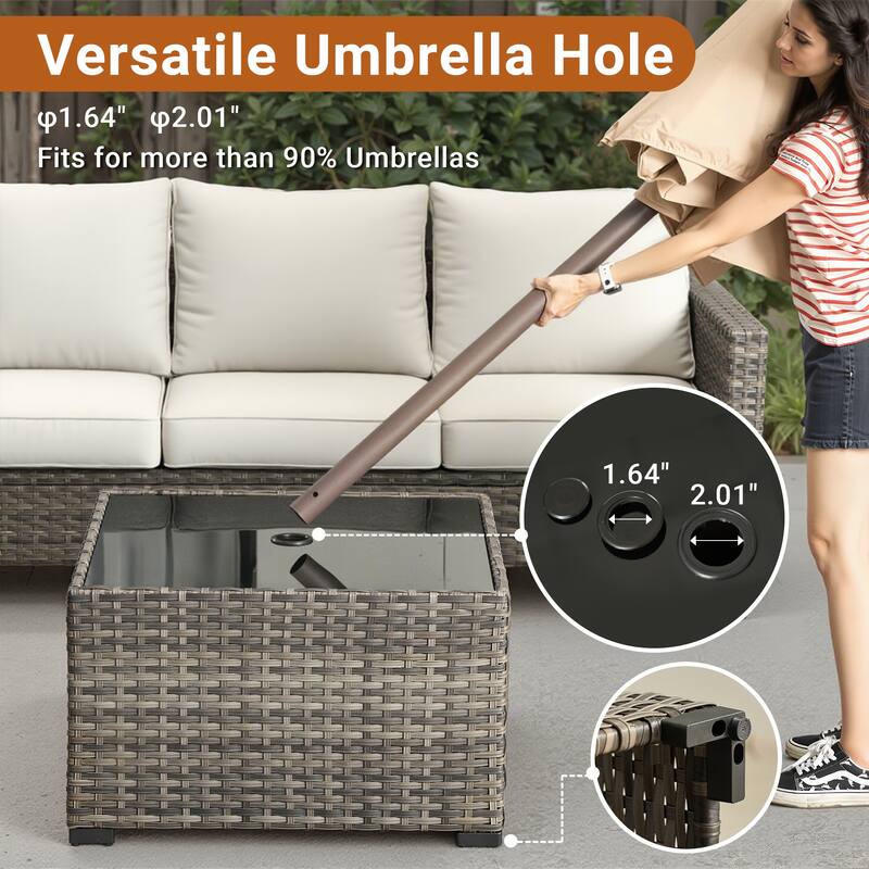 XIZZI Outdoor Wicker Coffee Table with Umbrella Hole for Garden Deck or Poolside