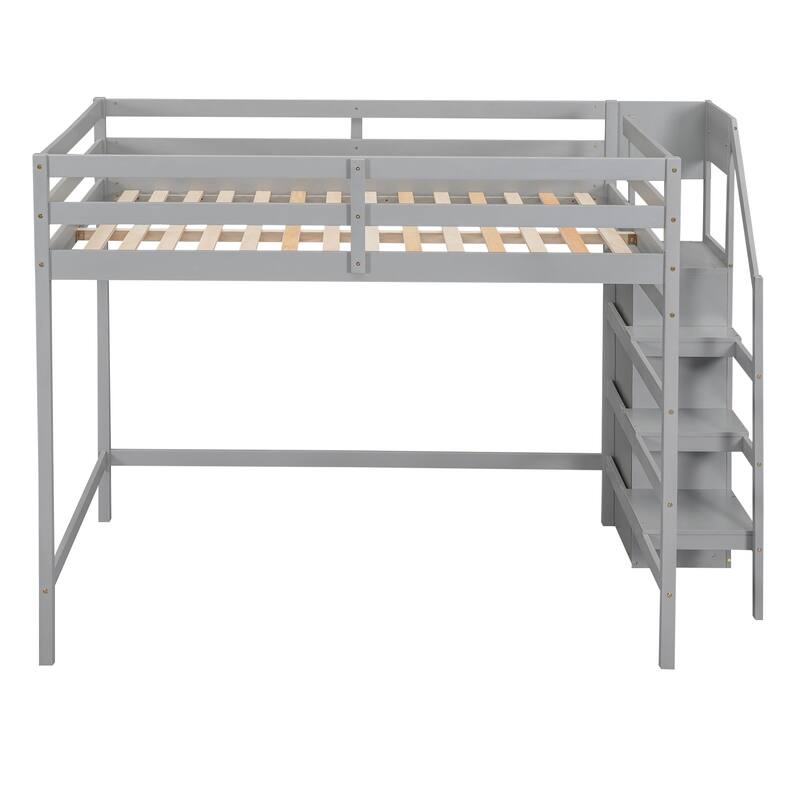 Full Size Loft Bed with Built-in Storage Wardrobe and Staircase in Gray