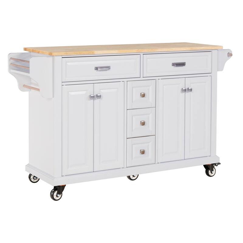 Kitchen Island with Rubber wood Countertop, Kitchen Cart on 5 Wheels with Storage Cabinet and 5 Drawers for Dinning Room