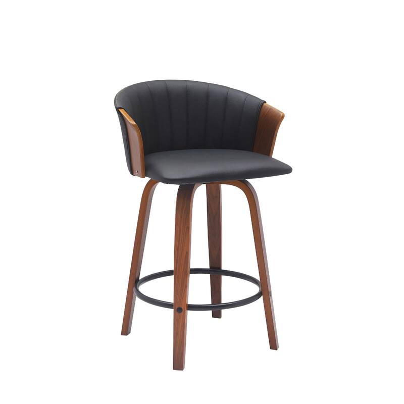 Faux Leather Swivel Counter Height Stool with Solid Wood Frame, Arms and Footrest - Black and Wood Brown 26"