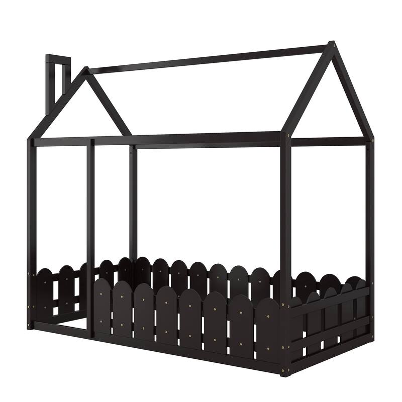 Wooden Twin House Bed with Pine Frame, Roof, and Fence, Perfect for Play and Sleep