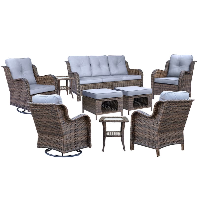 9 Piece Outdoor Wicker Patio Conversation Furniture Swivel Chairs Sets