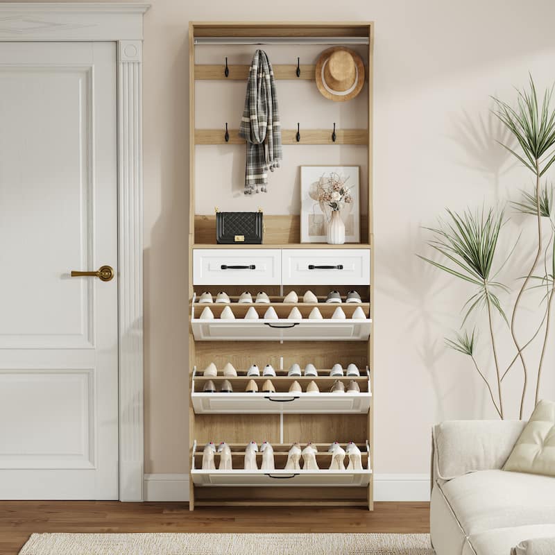 Entryway Shoe Cabinet with Hooks-3 Flip Drawers-Up to 12 Pairs of Shoe