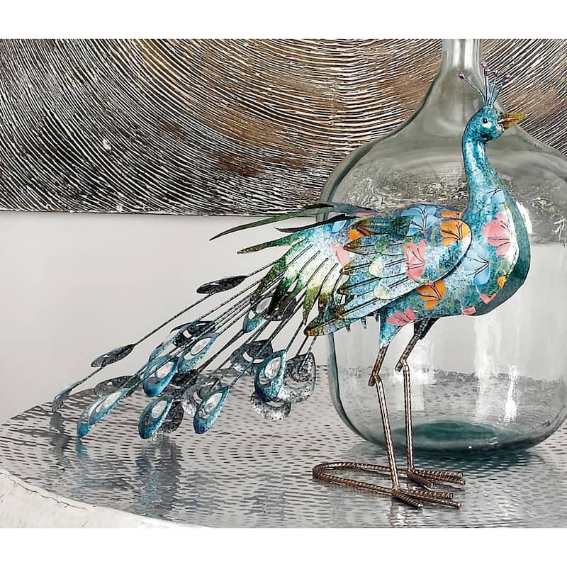 Metal Peacock Indoor Outdoor Decorative Garden Sculpture with Crystal Accents - Teal - Roche River Decor