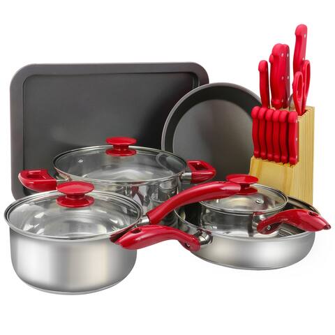 MegaChef 22 Piece Aluminum Cookware Combo Set in Red - Red and Grey