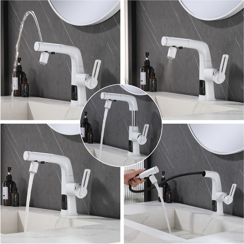 Modland 5-Way LED Bathroom Sink Faucet Single Hole with Pull Out Spray in White/Chrome