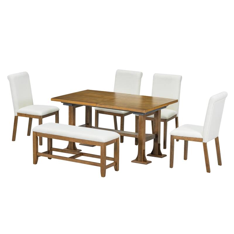 6-Piece Extendable Dining Table Set, Farmhouse Kitchen Table Set with Removable Leaf and Upholstered Dining Chair and Bench