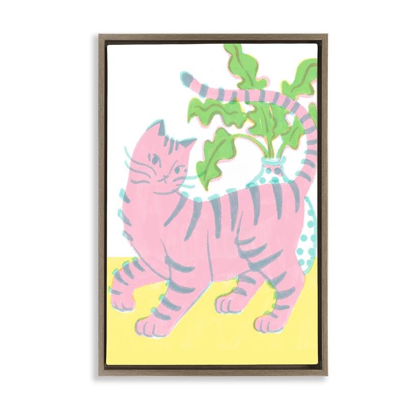 Stupell Pink Cat & House Plant Framed Floater Canvas Wall Art Design By Hannah Moren - 21 x 31 - Brown