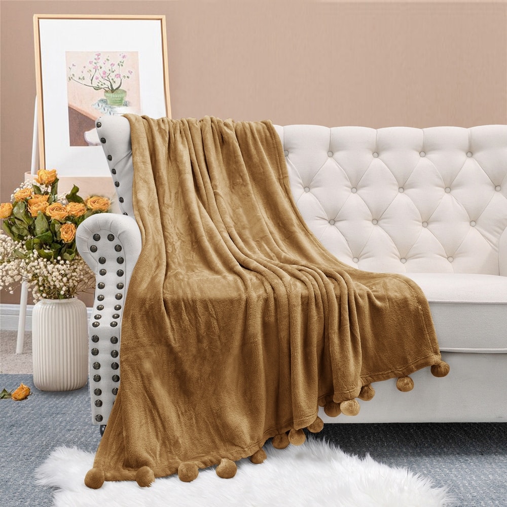 Pompom Flannel Fleece Throw