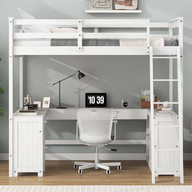 Full Size Loft Bed with U-shaped Desk, Cabinet and Storage Shelves