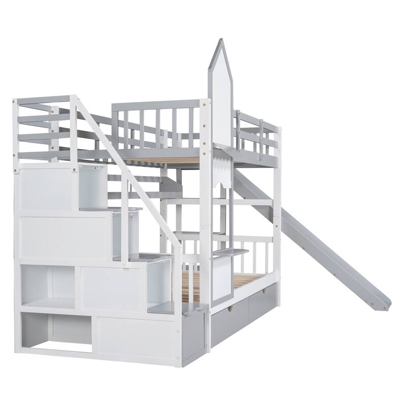 Twin-Over-Twin Castle Style Bunk Bed with Drawers,Shelves,Slide