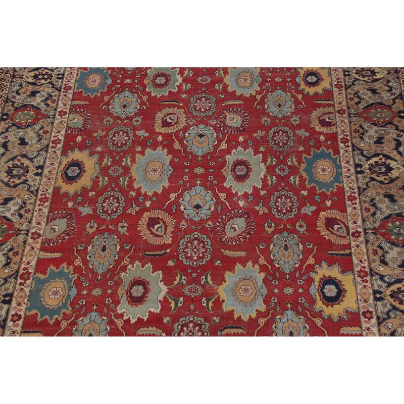Hand Knotted Oriental 100% Wool Carpet Traditional All-Over Red Tabriz Area Rug - 13' 6'' X 10' 2''