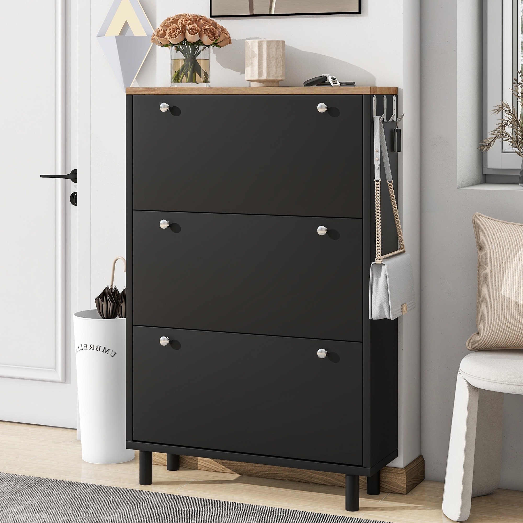 Narrow Shoe Cabinet with Flip Drawers Hooks with Adjustable Panel