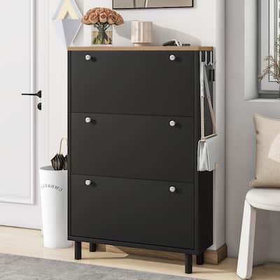 Roomfitters Narrow Tipping Bucket Shoe Cabinet with 3 Flip Compartments, Wood Grain Top Entryway Organizer with Hooks