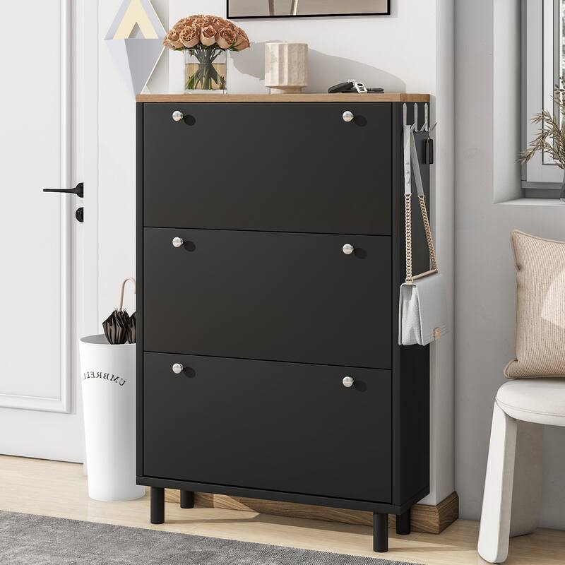 Sleek Narrow Shoe Cabinet with Adjustable Shelves & 3 Flip Drawers, Wood Grain Finish for Entryway Storage