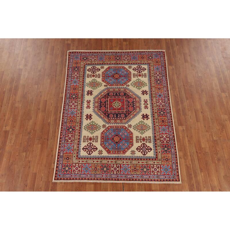 Traditional Beige Kazak Area Rug Handmade Oriental Wool Carpet - 4'11" x 6'7"