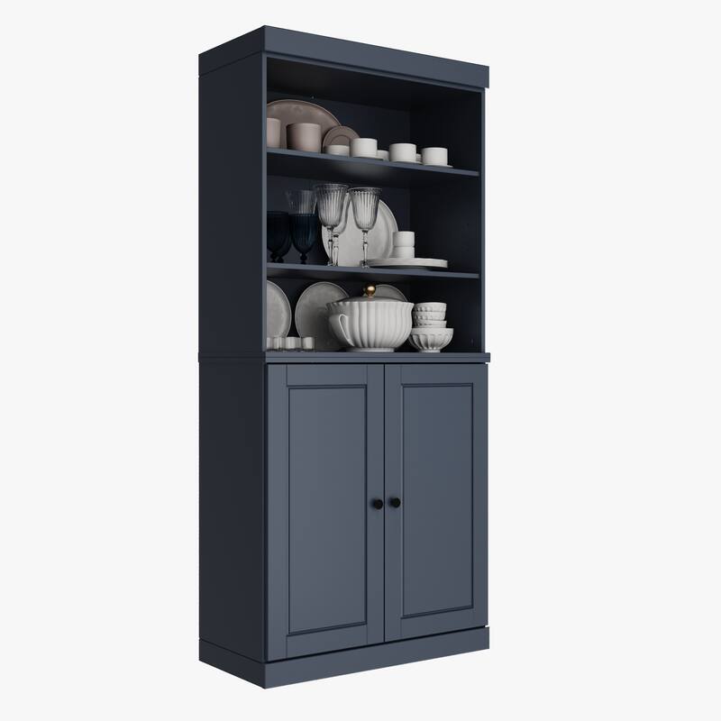 100% Solid Wood Kitchen Pantry Cabinet with 2 Clear Glass or Solid Wood Doors and 2-Drawer Organizer by Palace Imports