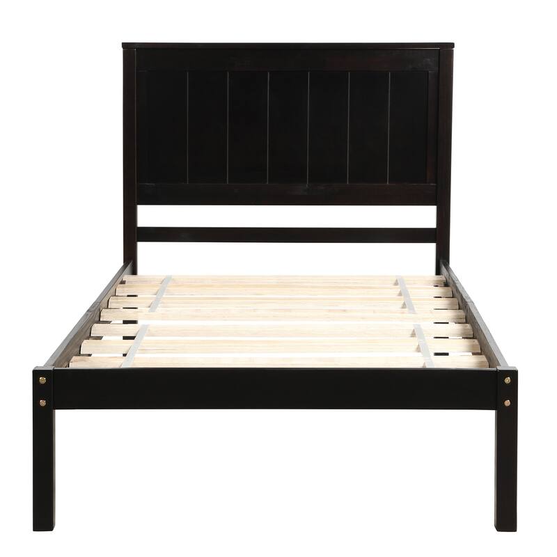 Twin Platform Bed Frame with Headboard, Wood Slat Support, No Box Spring Needed, Espresso Finish