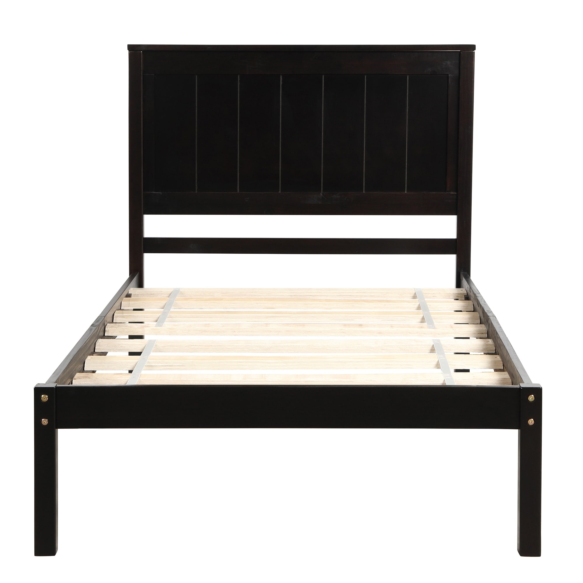 Twin Size Espresso Platform Bed Frame with Headboard, Wood Slat Support, No Box Spring Needed for Bedroom