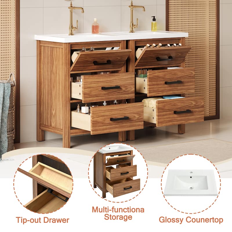 GDFStudio - Carrwood Modern Freestanding Double Bathroom Vanity Set with Single Ceramic Basin and Multi-Drawer Storage, Set of 2
