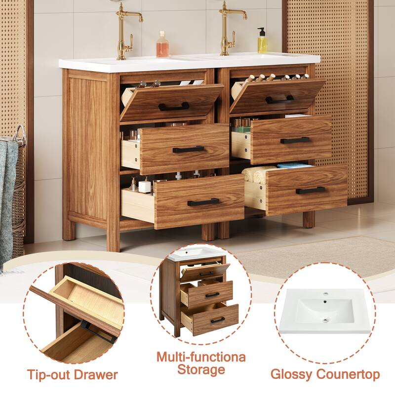 Roomfitters 48" Bathroom Vanity with Ceramic Sink, Freestanding Wood Storage Cabinet with Drawers, Natural Wood