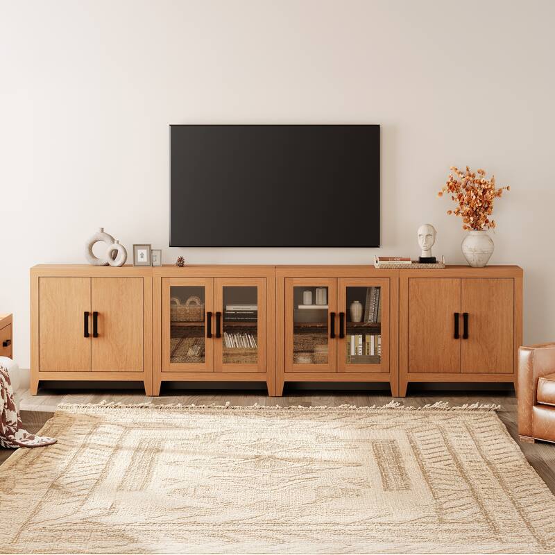 WAMPAT Farmhouse Buffet Cabinet with Glass Doors, 4-Piece Modular Sideboard with Adjustable Shelves