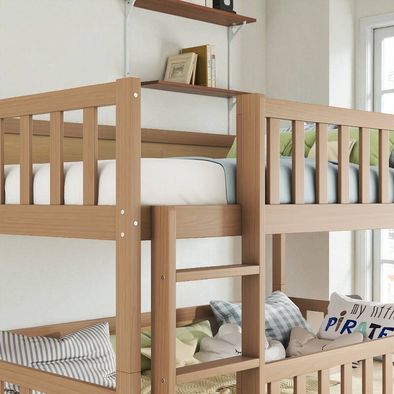 Twin Over Twin Over Twin Rubber Wood Triple Bunk Bed with Guardrails and Ladders, Detachable Convertible Triple Twin Bed Frame