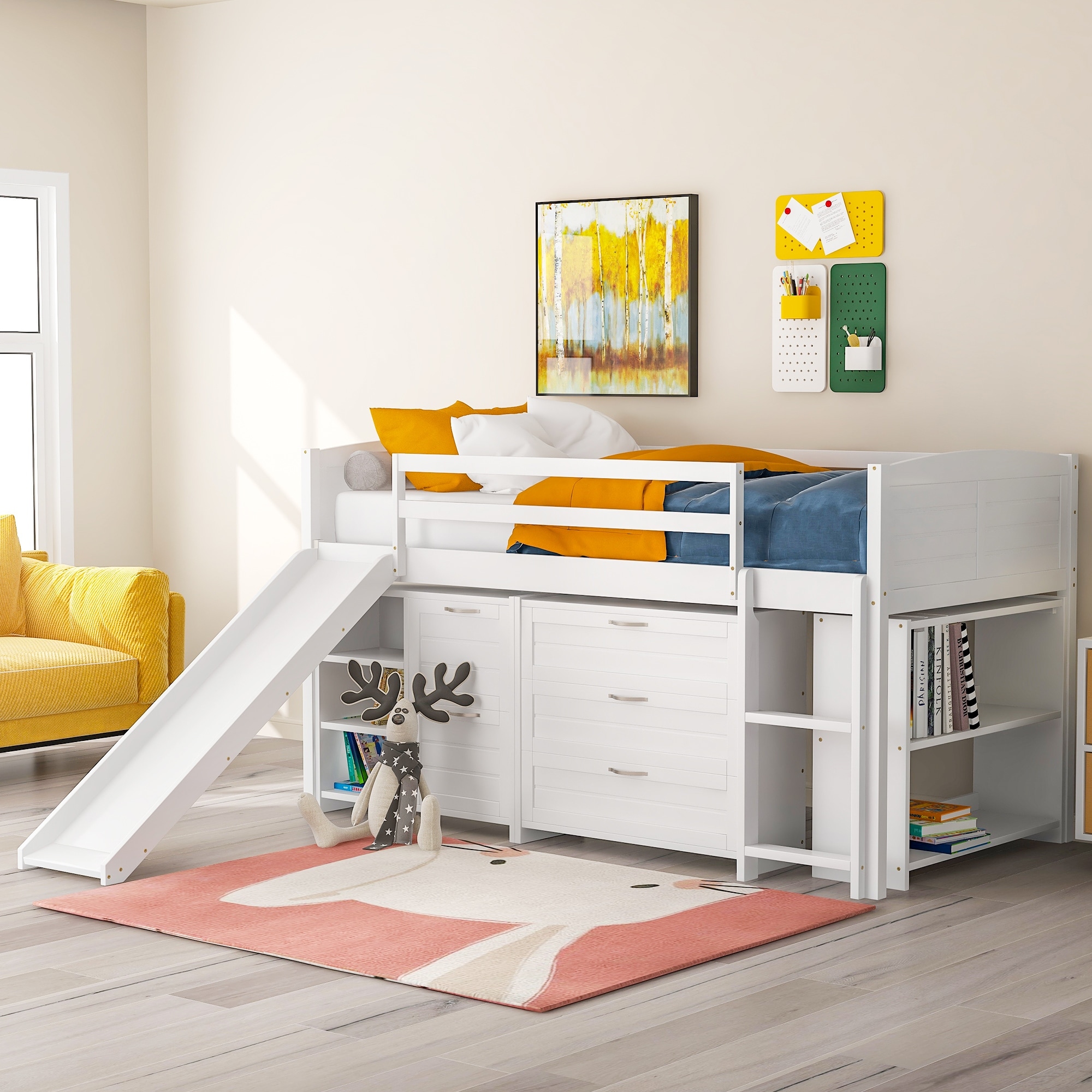Full size low loft bed with slide top