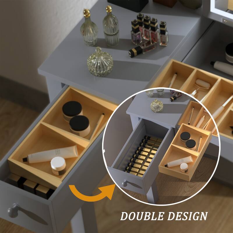 Small Flip Top Makeup Table with LED Lights, Mirror, 2 Drawers
