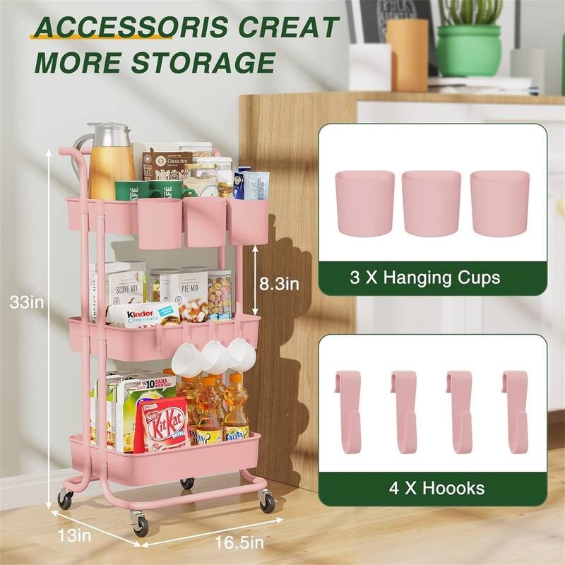 3Tier Rolling Mobile Utility Cart with Hanging Cups - 13"D x 16.5"W x 33"H