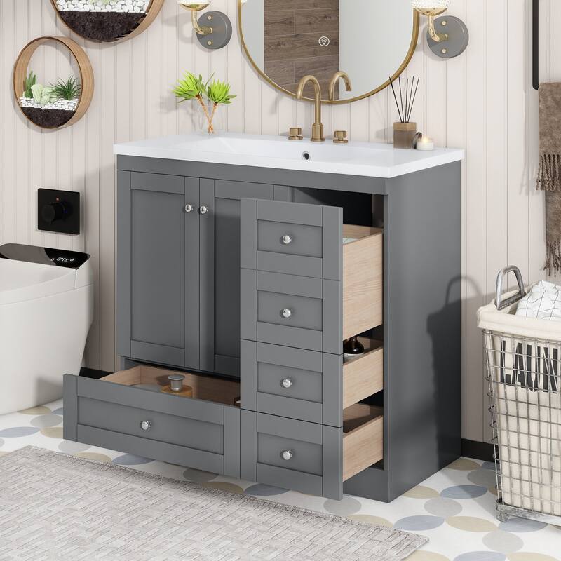 36 inch MDF Freestanding Bathroom Vanity Set with Integrated Resin Sink with Soft Close