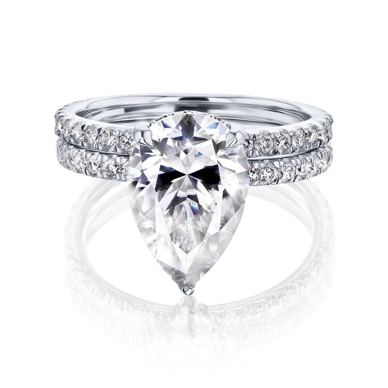 Kobelli Signature Collection 4.3 Carat Moissanite & Diamond 14k Solid Gold Pear Hidden Halo Near Eternity Payton Bridal Set - 9.5 - White