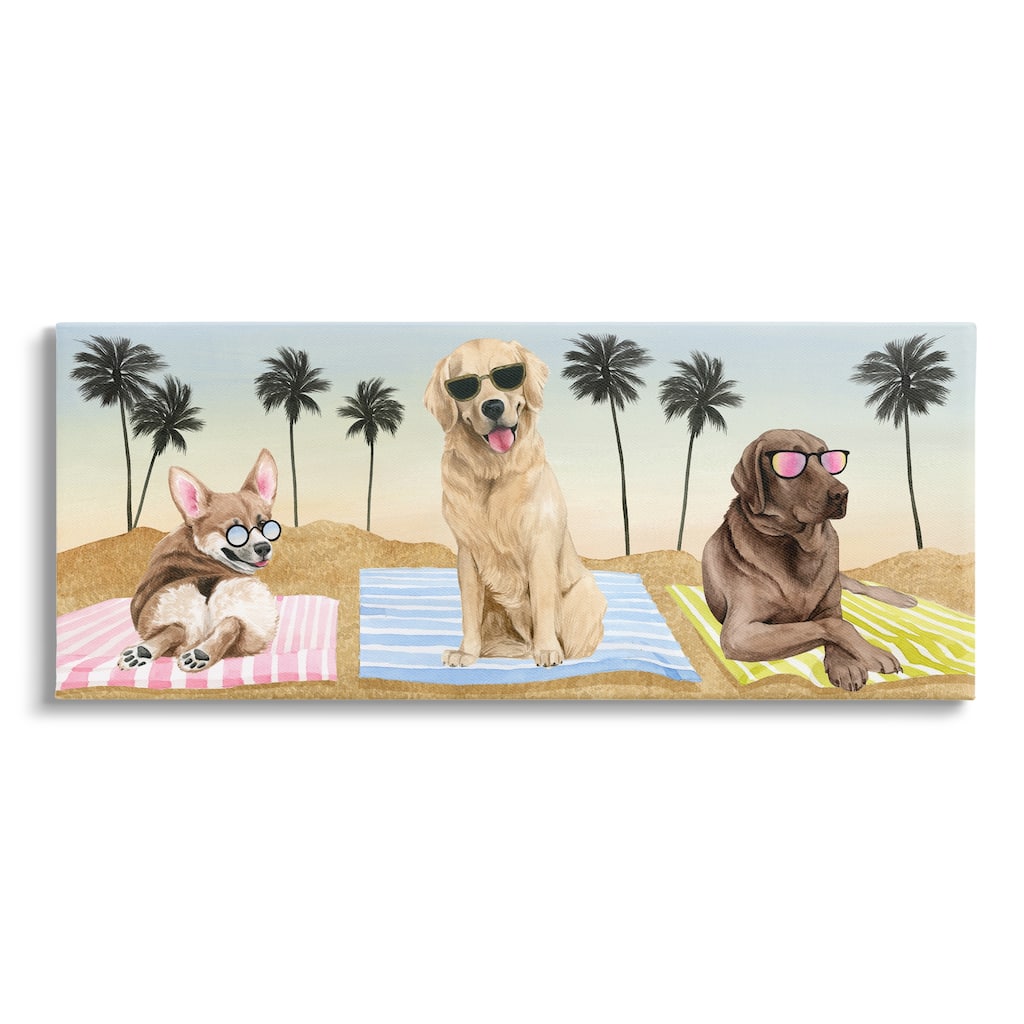 Stupell Whimsical Dogs Sunglasses Beach Towels Palm Trees Canvas Wall Art - Multi-Color
