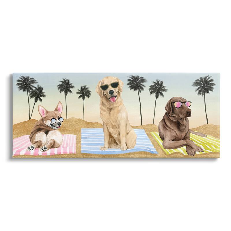 Stupell Whimsical Dogs Sunglasses Beach Towels Palm Trees Canvas Wall Art - Multi-Color - 48 x 20