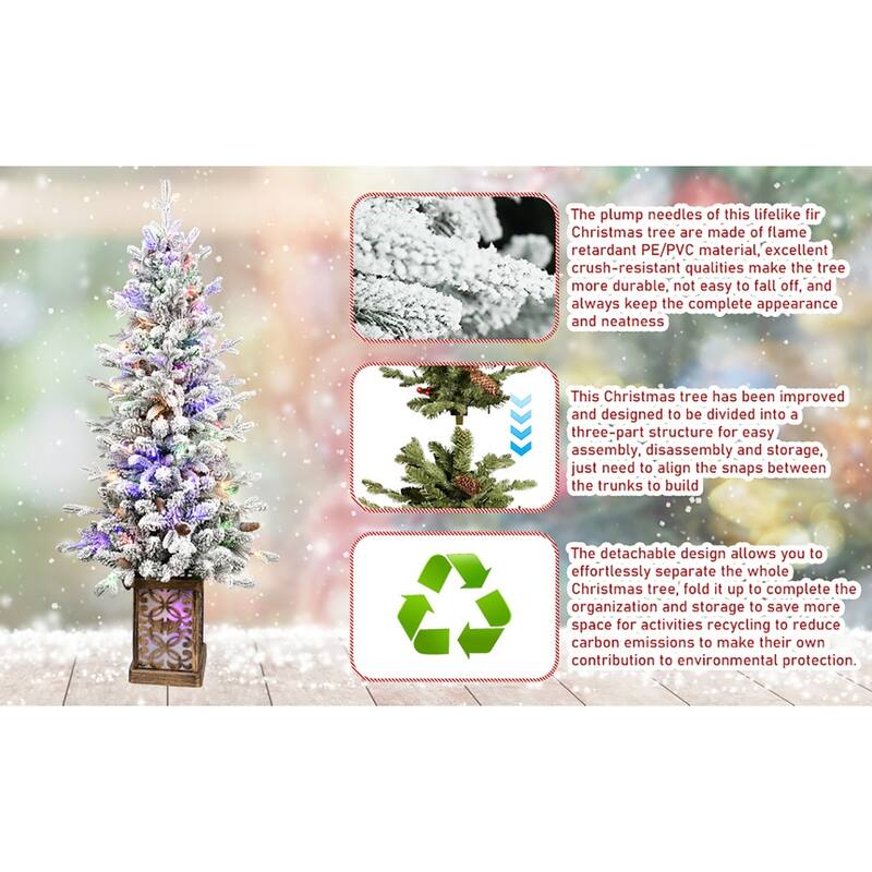 Pre-Lit Flocked Christmas Tree - Multicolour LED Lights, Pine Cones, Glitter Base, Light-Up Basin, Easy Assembly - White+Green