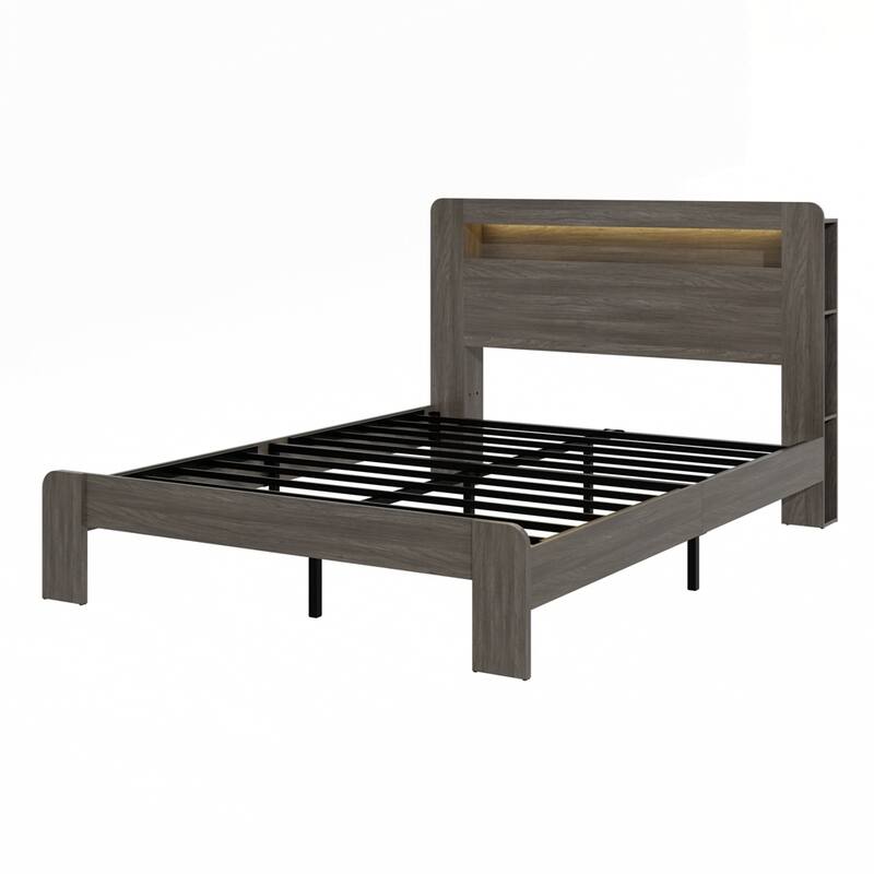 Wood Platform Bed Frame with Storage LED Light Headboard and 2 USB