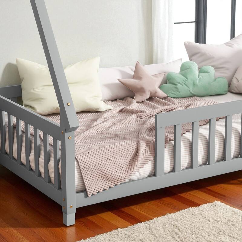 Twin Tent-Shaped Floor Bed with Guardrails, Low Platform Teepee Bed Frame with Slats, Solid Wood Design