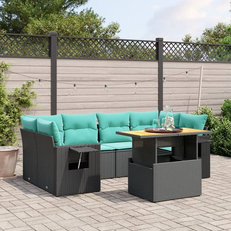 vidaXL Patio Sofa Set with Cushions Outdoor Furniture 7 Piece Poly Rattan - Black-without storage - 24.4 x 24.4 x 27.2