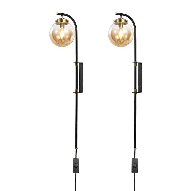 Set of 2 Bulbs Required Light Black Plug in Swing Arm Wall Lamps with Globe Shade and 72 in Cord for Living Room - 5.9'' - Black/Gold