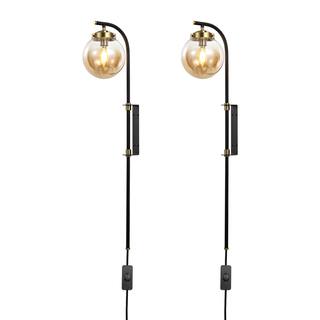 Set of 2 Bulbs Required Light Black Plug in Swing Arm Wall Lamps with Globe Shade and 72 in Cord for Living Room - 5.9''