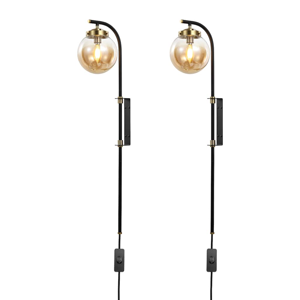 Set of 2 Bulbs Required Light Black Plug in Swing Arm Wall Lamps with Globe Shade and 72 in Cord for Living Room - 5.9''