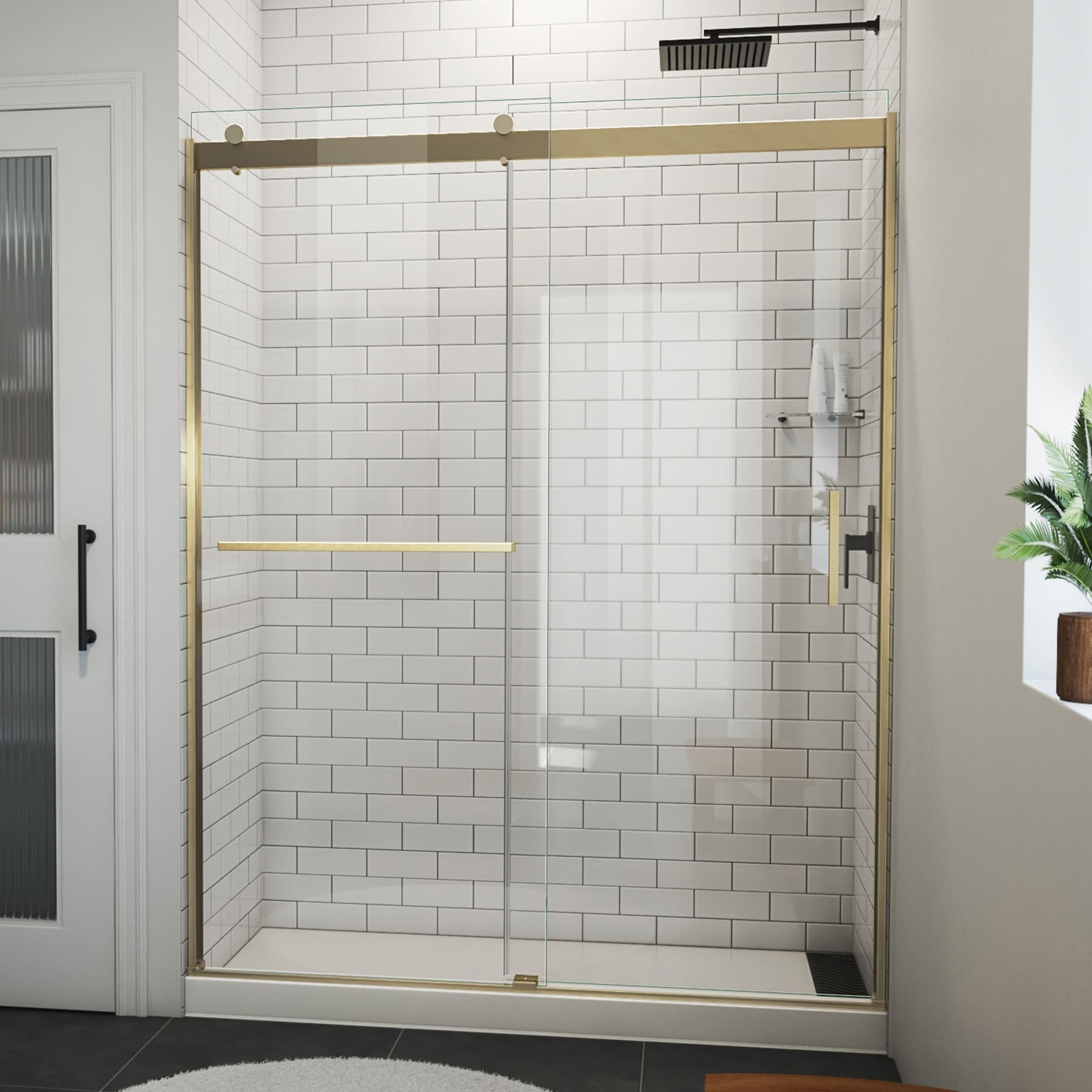 DreamLine Sapphire-V 56 - 60 in. W x 76 in. H Bypass Shower Door in Brushed Gold and Clear Glass