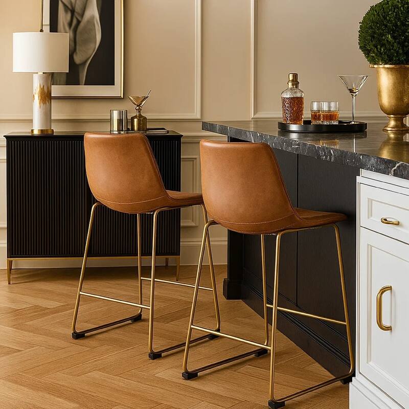 Cia Counter Height Chair Set of 2, Bucket Faux Leather Seat, Gold Legs