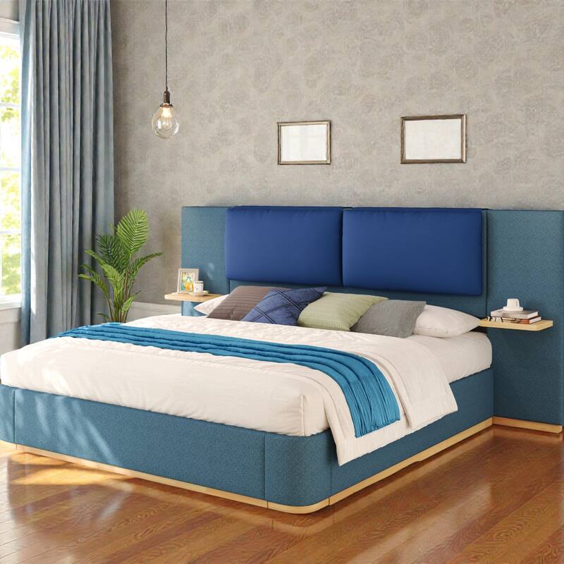 Upholstered Platform Bed Frame with Side Storage Panels, Soft Rounded Corners, Cushioned Headboard & No Box Spring Needed