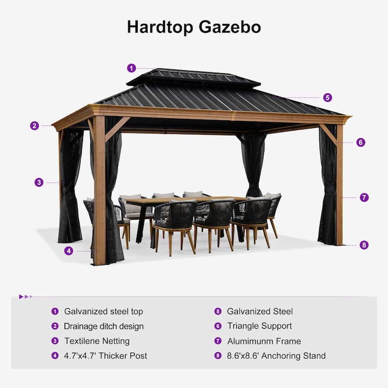 PURPLE LEAF Hardtop Gazebo Galvanized Steel Roof Gazebo Pergola w Wooden Coated Alumninum Frame and Mosquito Net