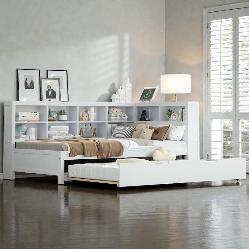 Twin/Full Wooden Daybed with Twin Trundle, Storage Shelf, USB Charging Ports, Slat Support, Space-Saving Design