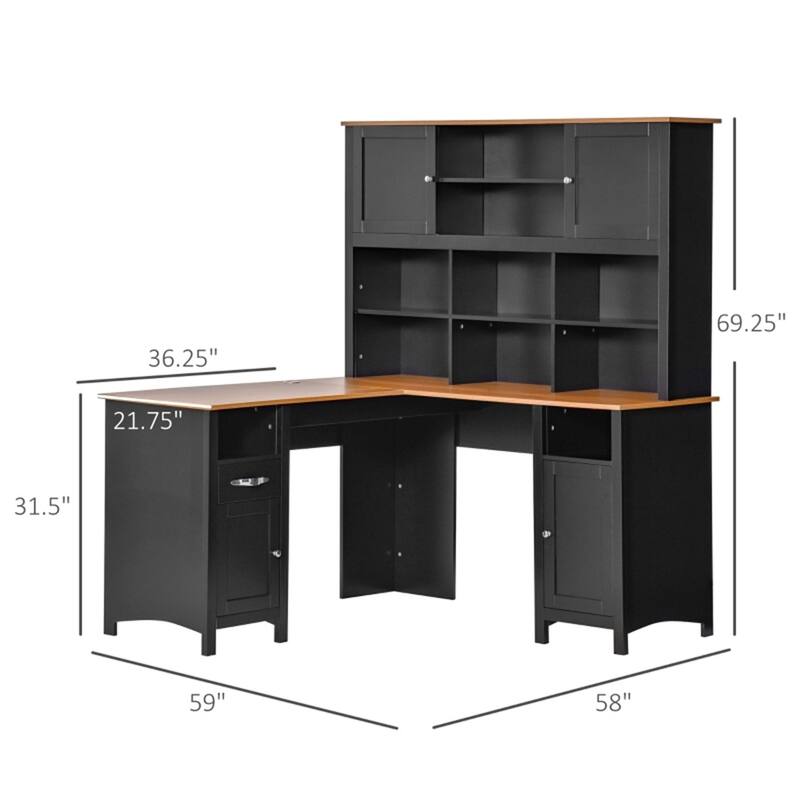 L-Shaped Black Computer Desk with Large Desktop and Storage Shelves for Home or Office