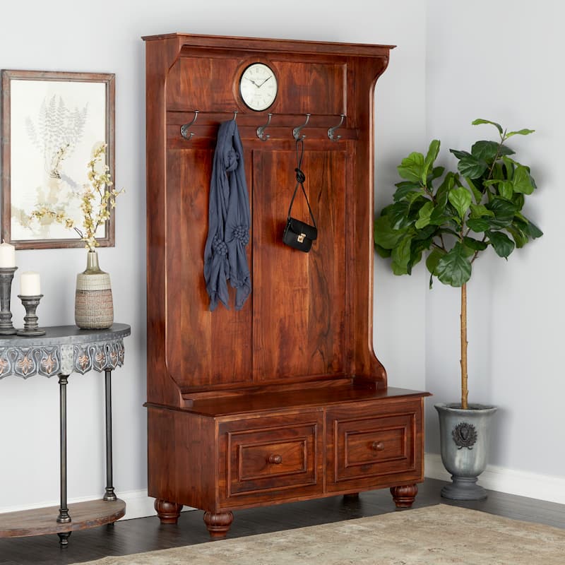 Wood Coat Rack with Clock and Hooks - Brown - Roche River Decor - 19"W x 46"L x 78"H